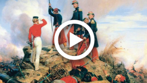 Painting of French soldiers raising the French flag after defeating their enemies in the Crimean War