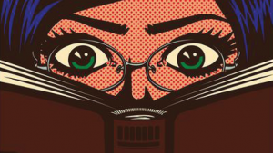 Cartoon of woman reading book