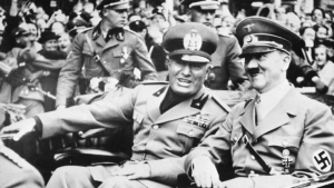 National Fascist Party leader Benito Mussolini with Nazi leader Adolf Hitler in Munich, Germany (1938).