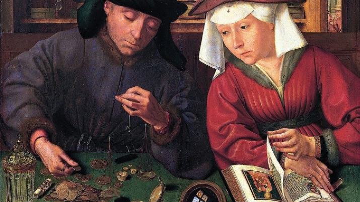 Painting by Quentin Metsys titled The Moneylender and His Wife, 1514. Louvre, Paris.