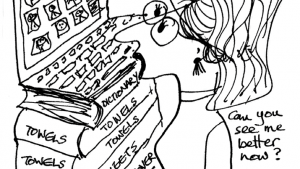 Cartoon of a woman on a laptop video call, using ordinary house objects as a laptop stand.