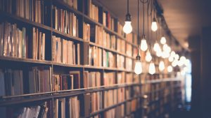 Bookshelves lit up by hanging light bulbs.