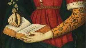 A young lady writing in a hymnal” by Giacomo Pacchiarotto (1474-1539)