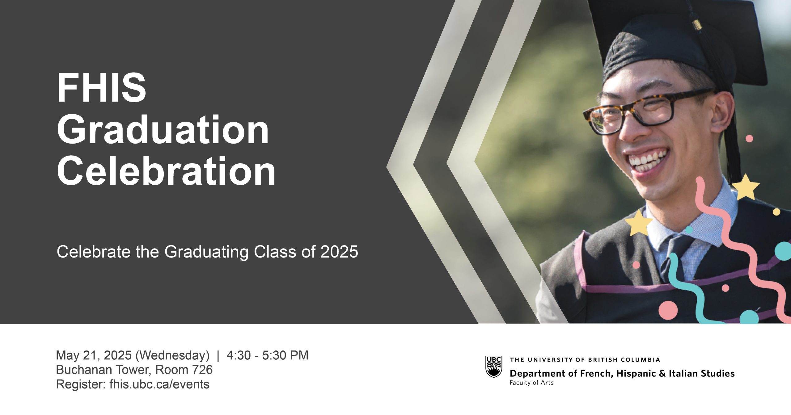 UBC student with a graduation gown and cap on.
